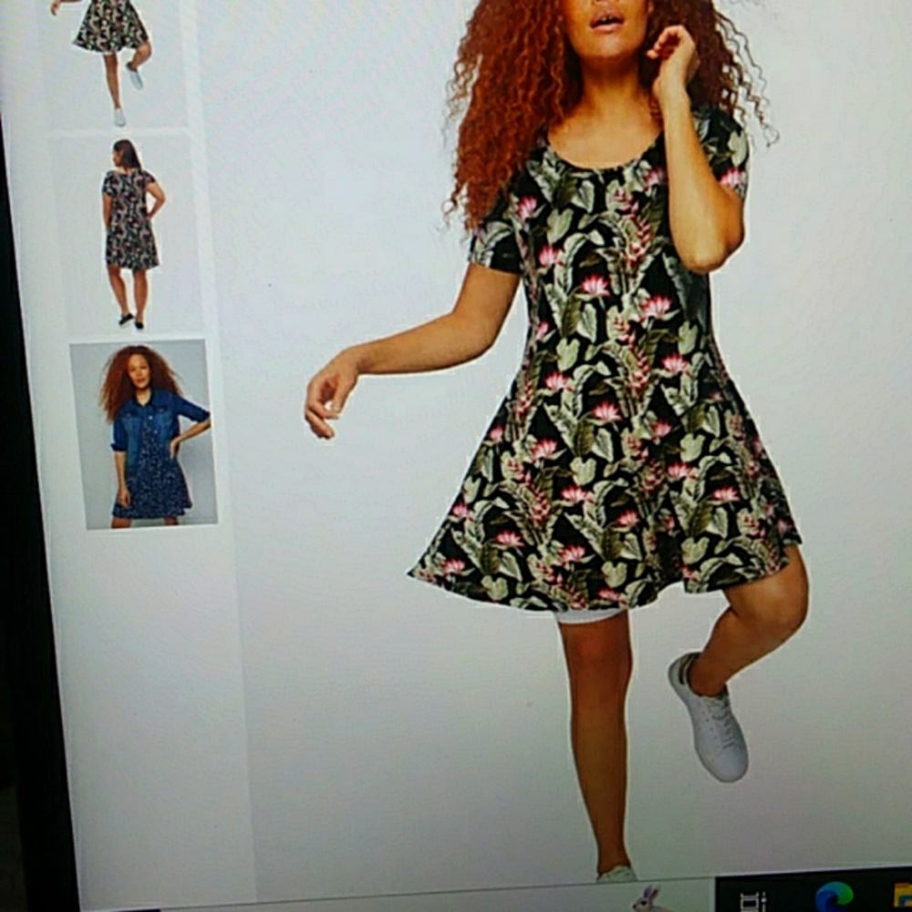 XXL Black Leaf Printed Short Sleeve A-Line Knit Dress